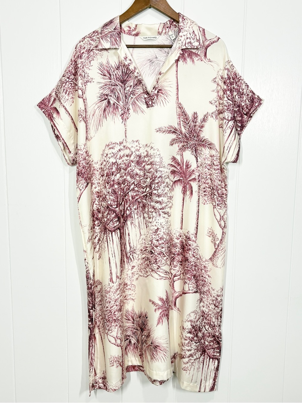 Tori Richard For the Trees Celeste Silk Midi Shift Dress Size XL Ivory Burgundy